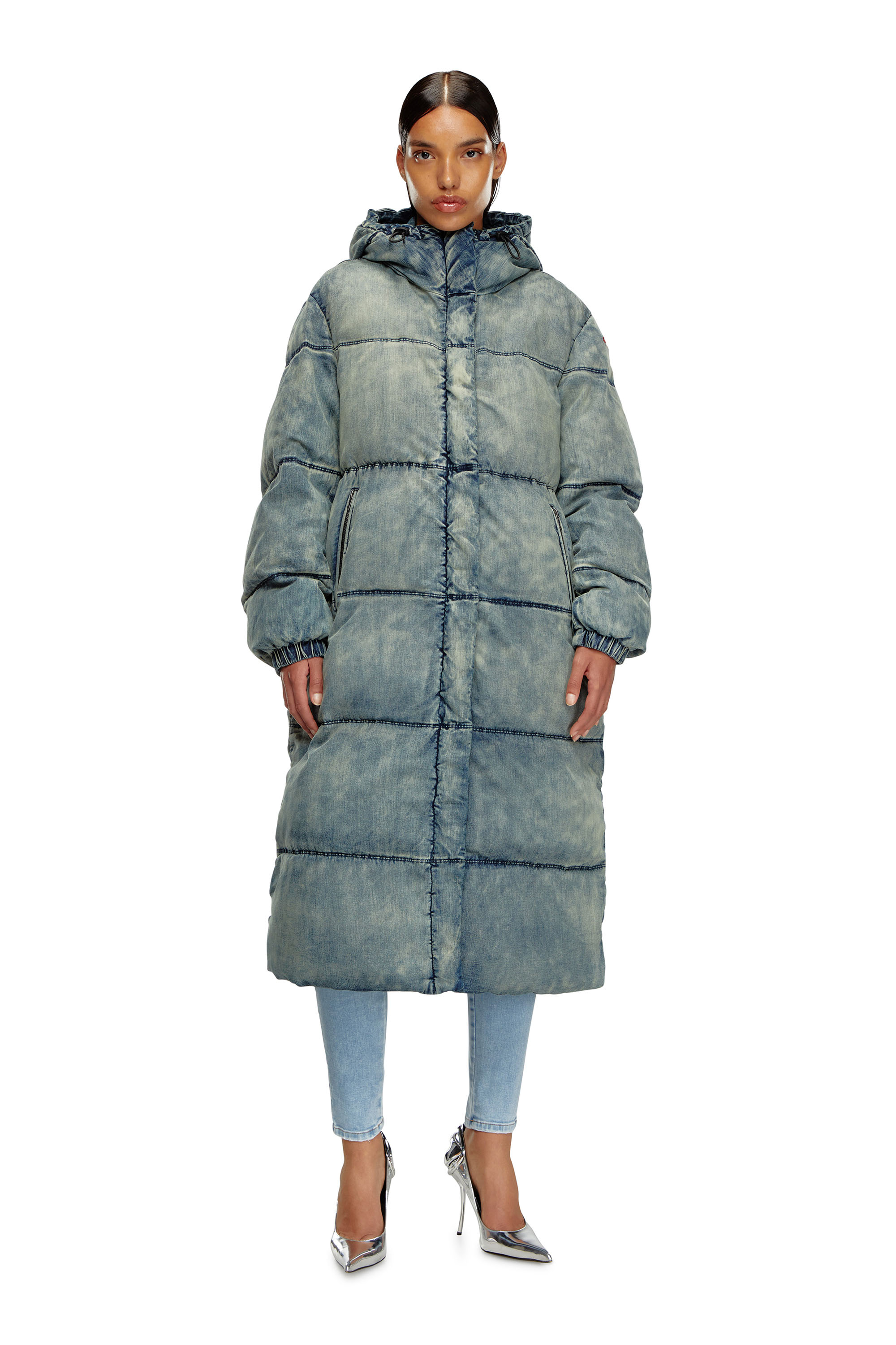 Diesel - W-AVES-LONG, Woman's Hooded puffer coat in stretch denim in Blue - 2