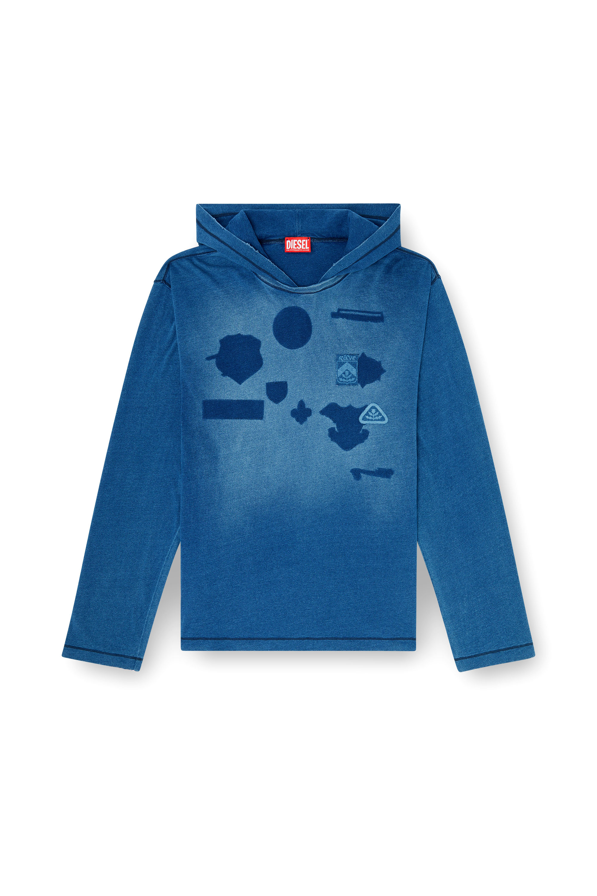 Diesel - T-NOX-LS-HOOD, Man's Hooded long-sleeve T-shirt with shadow-effect patches in Medium blue - 3