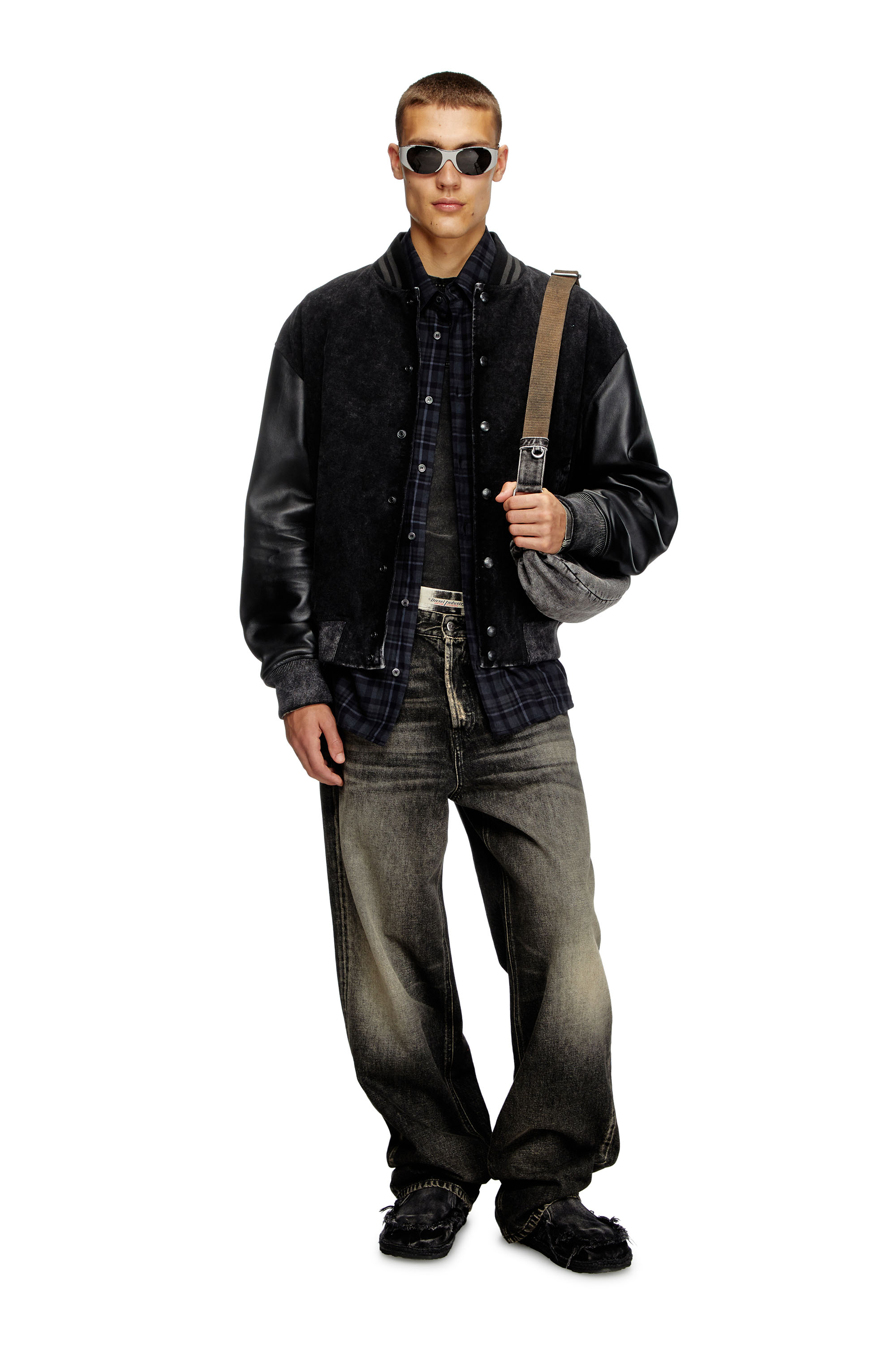 Diesel - L-NYN, Man's Denim and leather bomber jacket in Black - 1