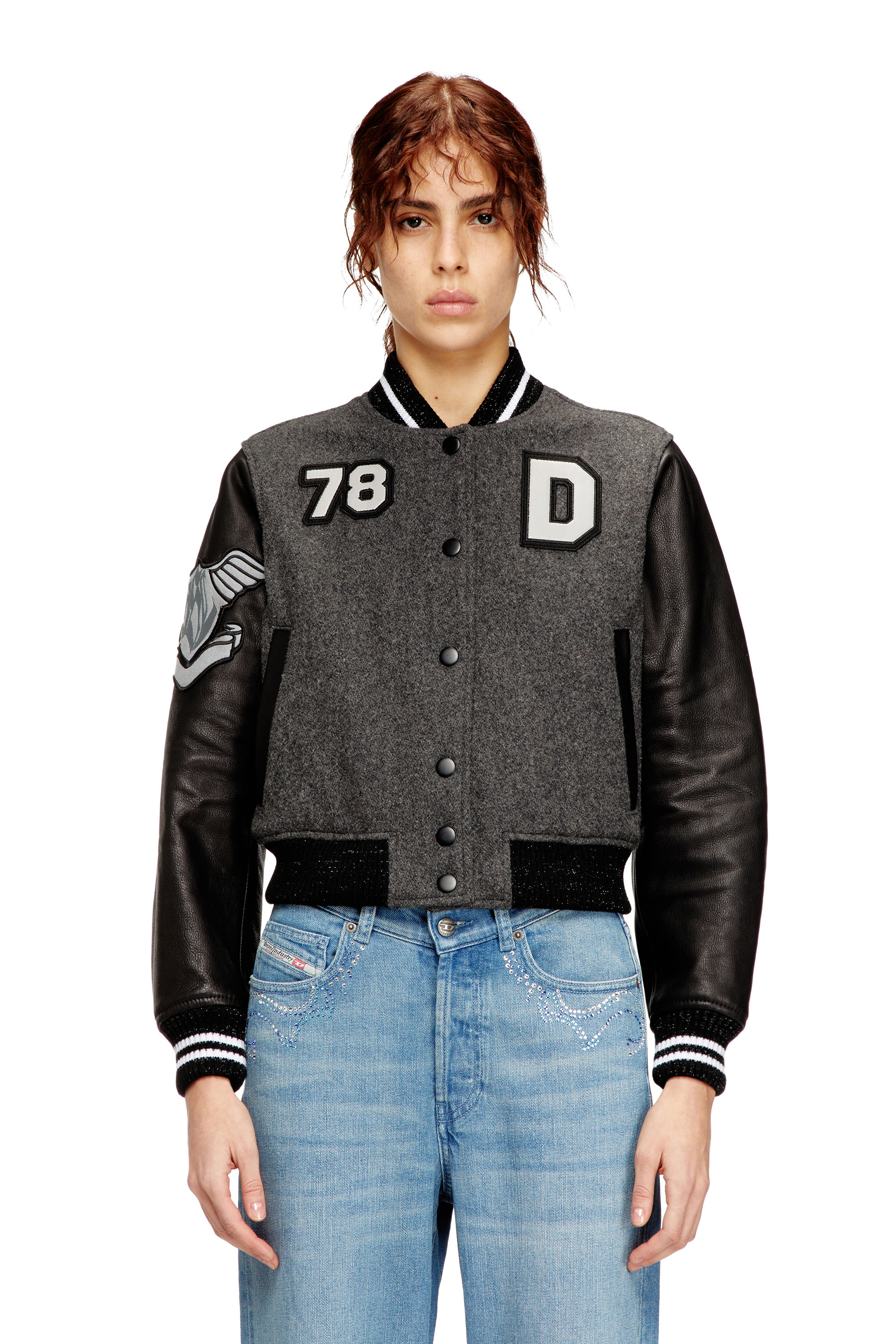 Diesel - L-REAL-CP, Woman's Cropped varsity jacket in wool and leather in Black/Grey - 1