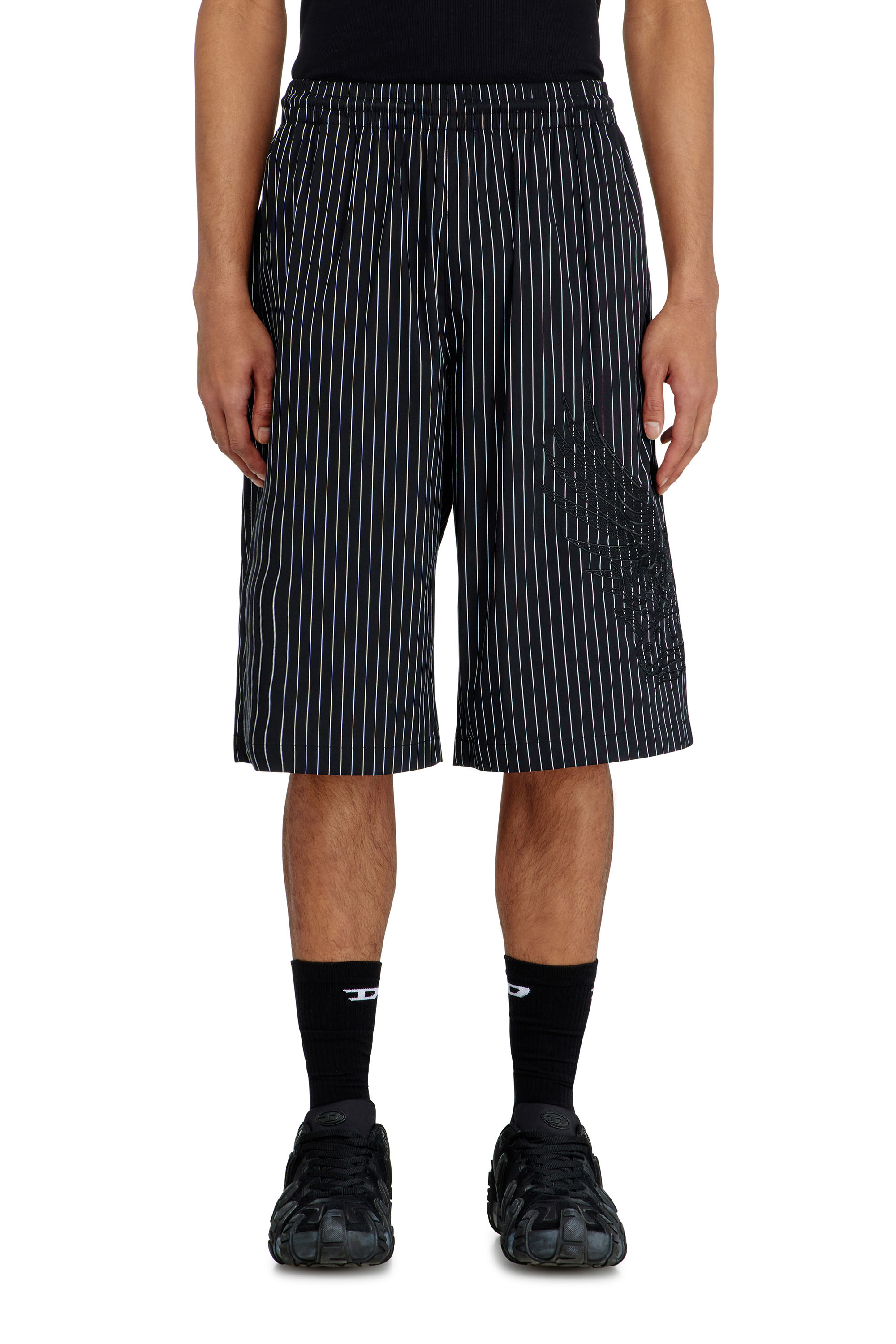 Diesel - P-THEO-SHORT-NJCA, Man's Pinstripe shorts with Phoenix embroidery in Black - 2