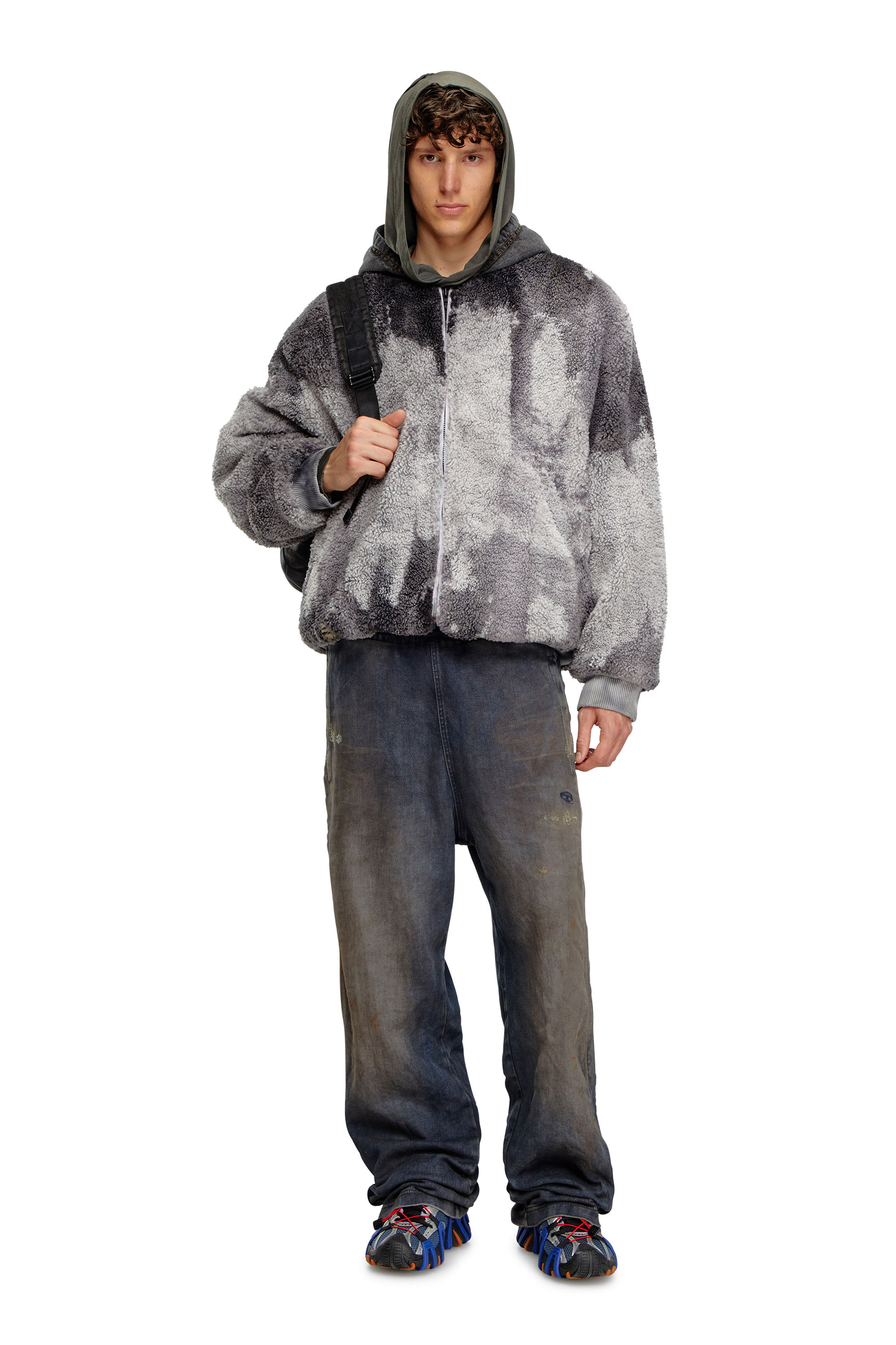 Diesel - S-DEPLA, Man's Tie-dyed teddy jacket with denim hood in Grey - 2