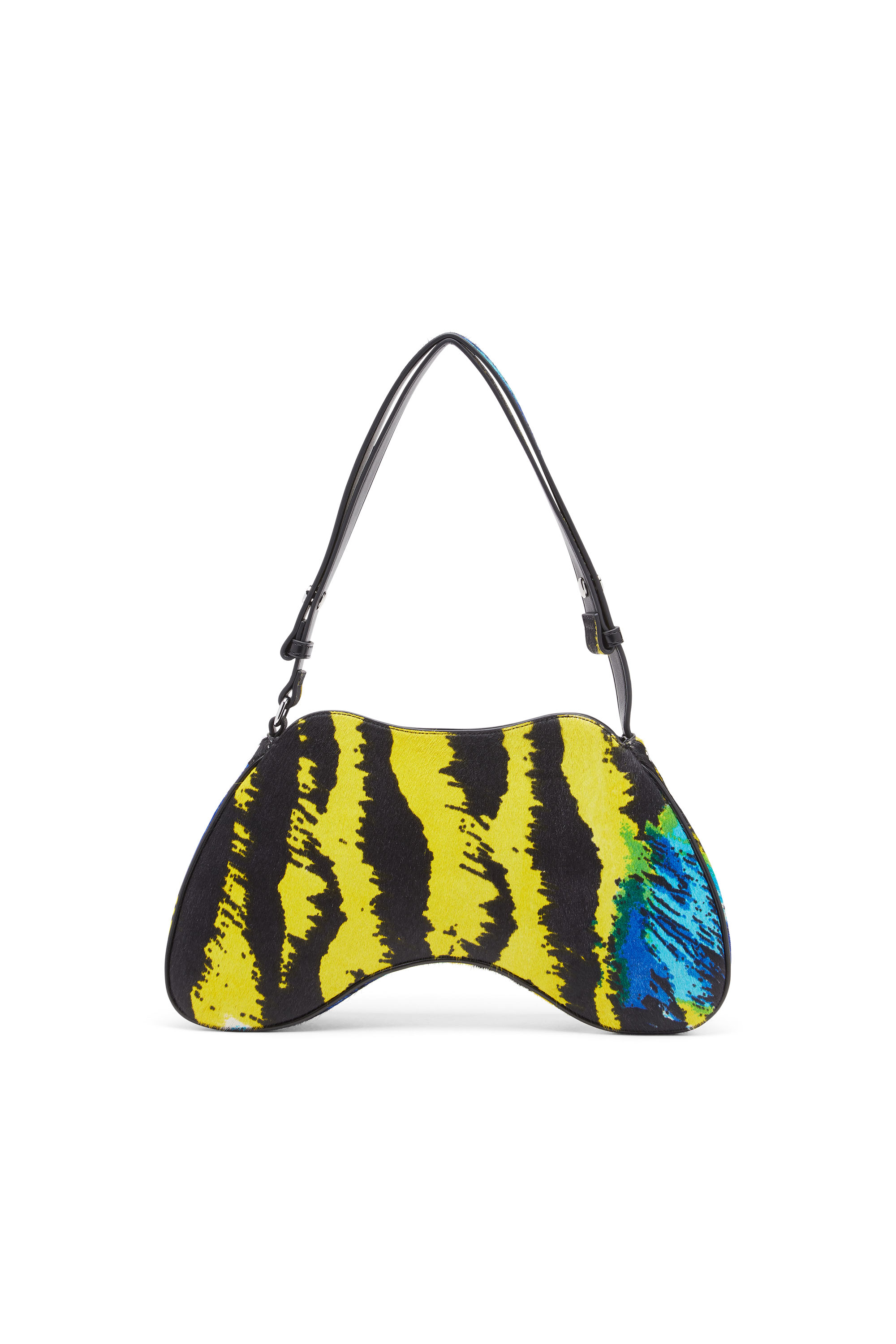 Diesel - PLAY SHOULDER, Woman's Play-Shoulder bag in tiger-print calf hair in Yellow/Blue - 2