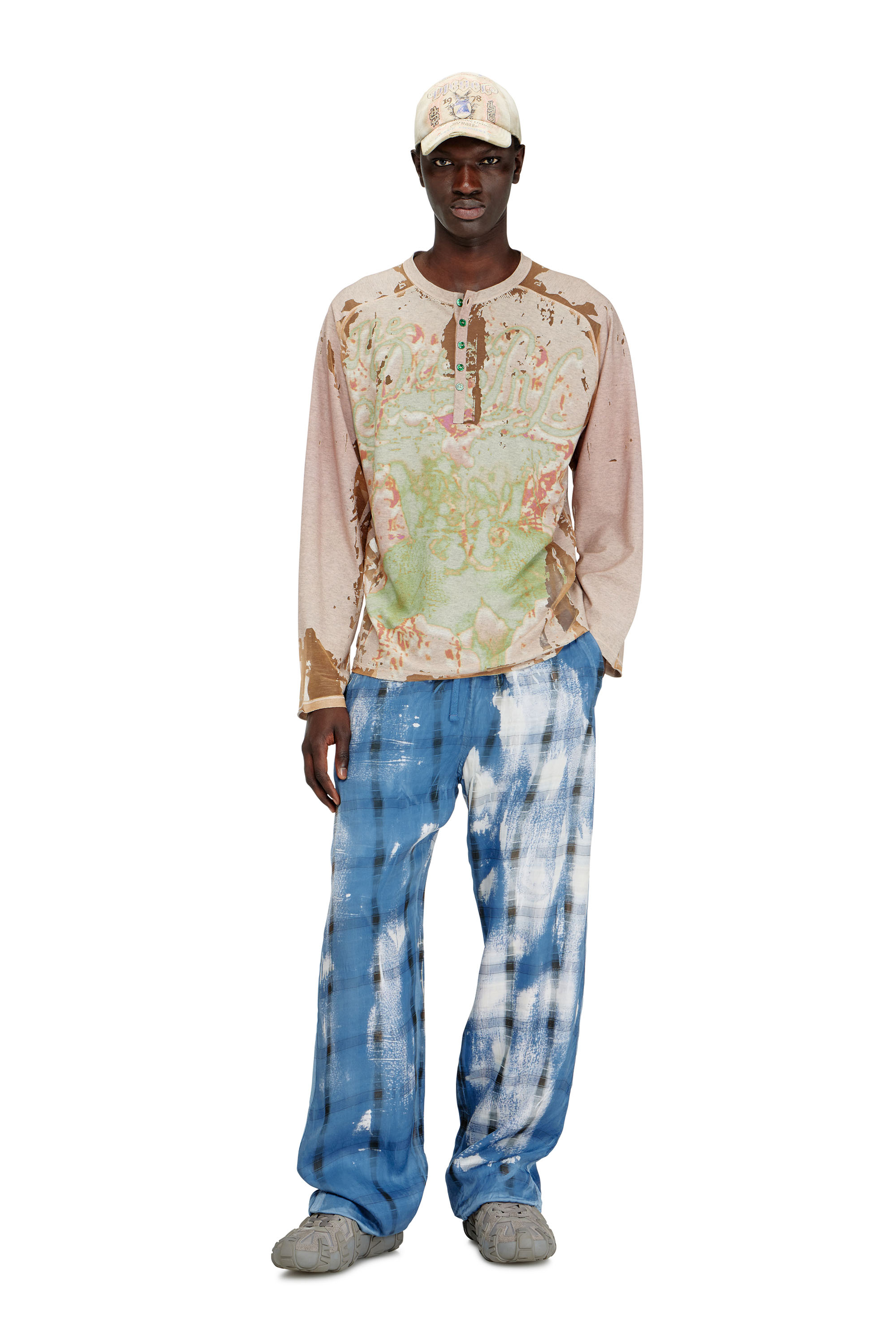 Diesel - T-LIVO-LS, Man's Henley shirt in printed devor&eacute; jersey in Beige - 2