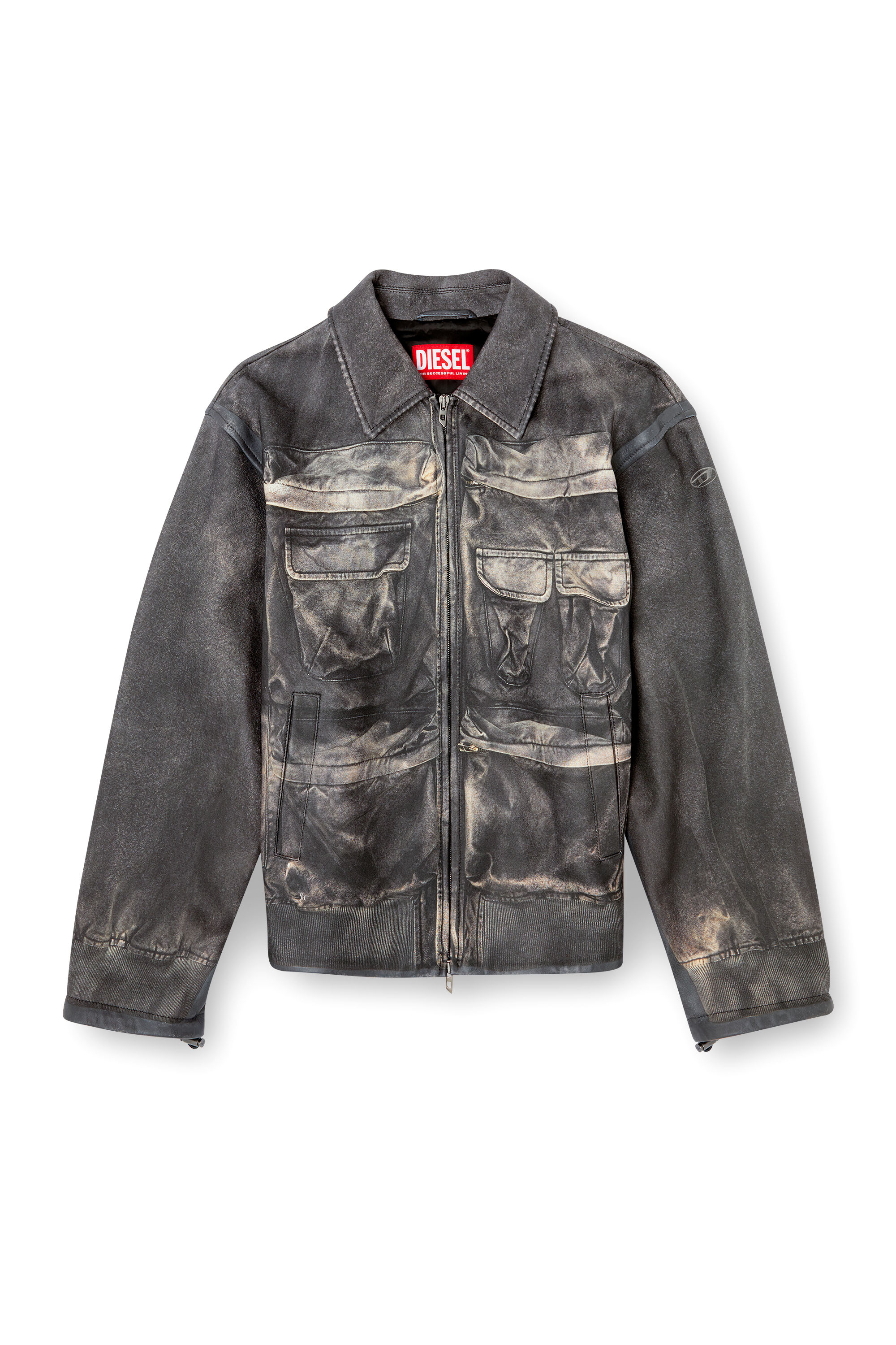 Diesel - L-MAYER, Man's Leather jacket with trompe l'oeil pockets in Black - 3