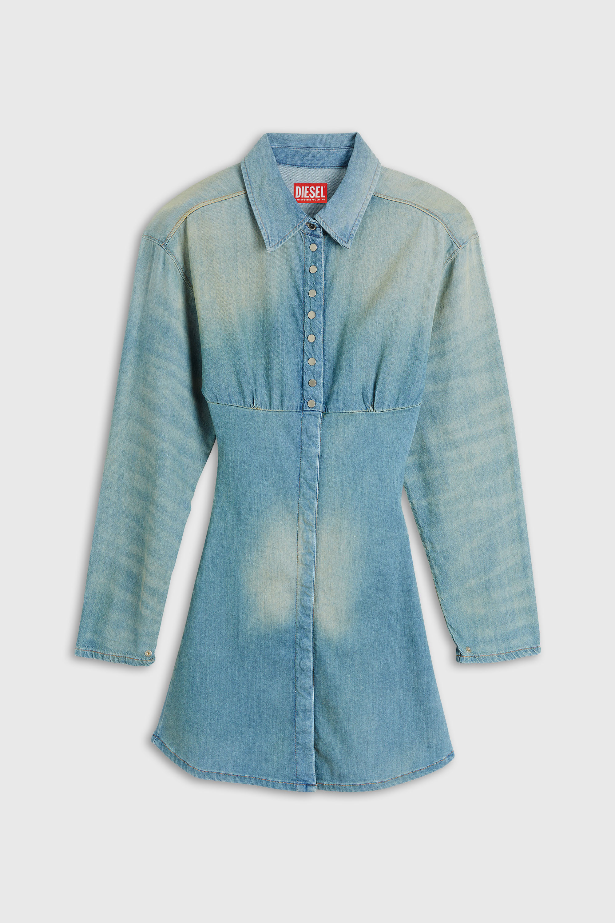 Diesel - DE-VIOLIM-S, Woman's Denim mini shirt dress with sectioned design in Light Blue - 1