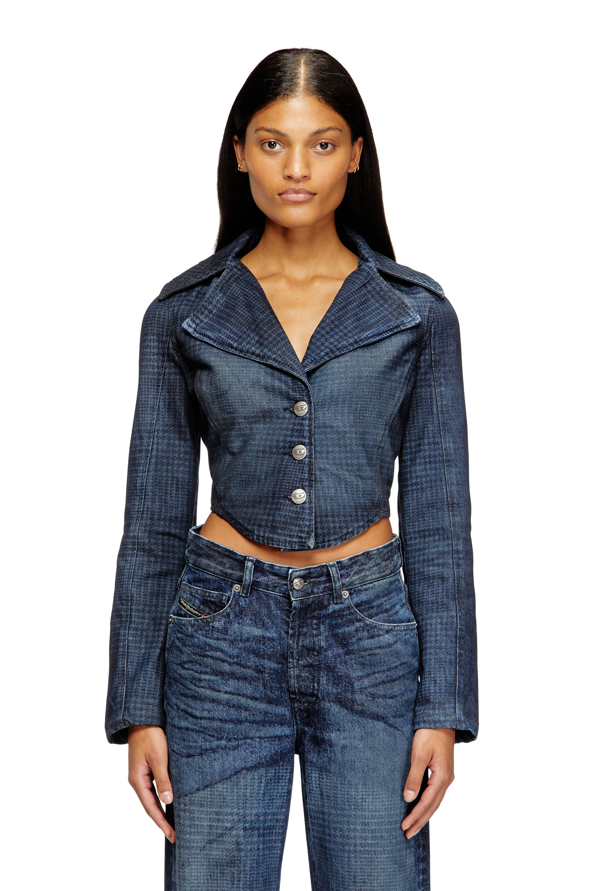 Diesel - DE-ALI-S, Woman's Cropped jacket in Prince of Wales denim in Dark Blue - 1