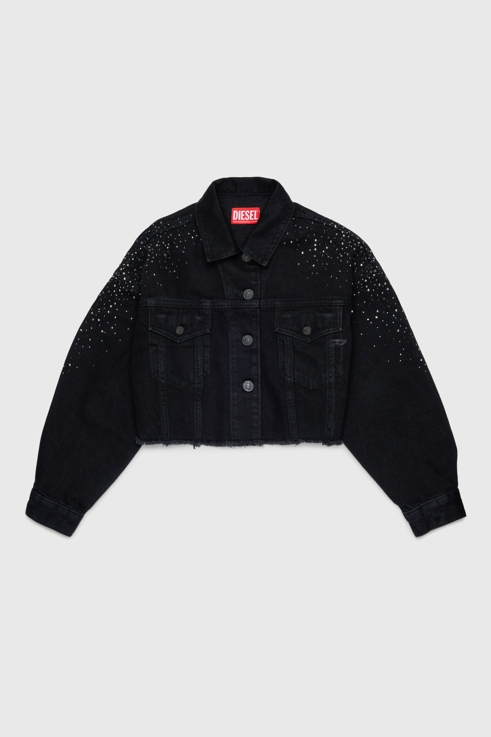 Diesel - JILBY, Woman's Cropped embellished trucker jacket in Black/Dark grey - 1