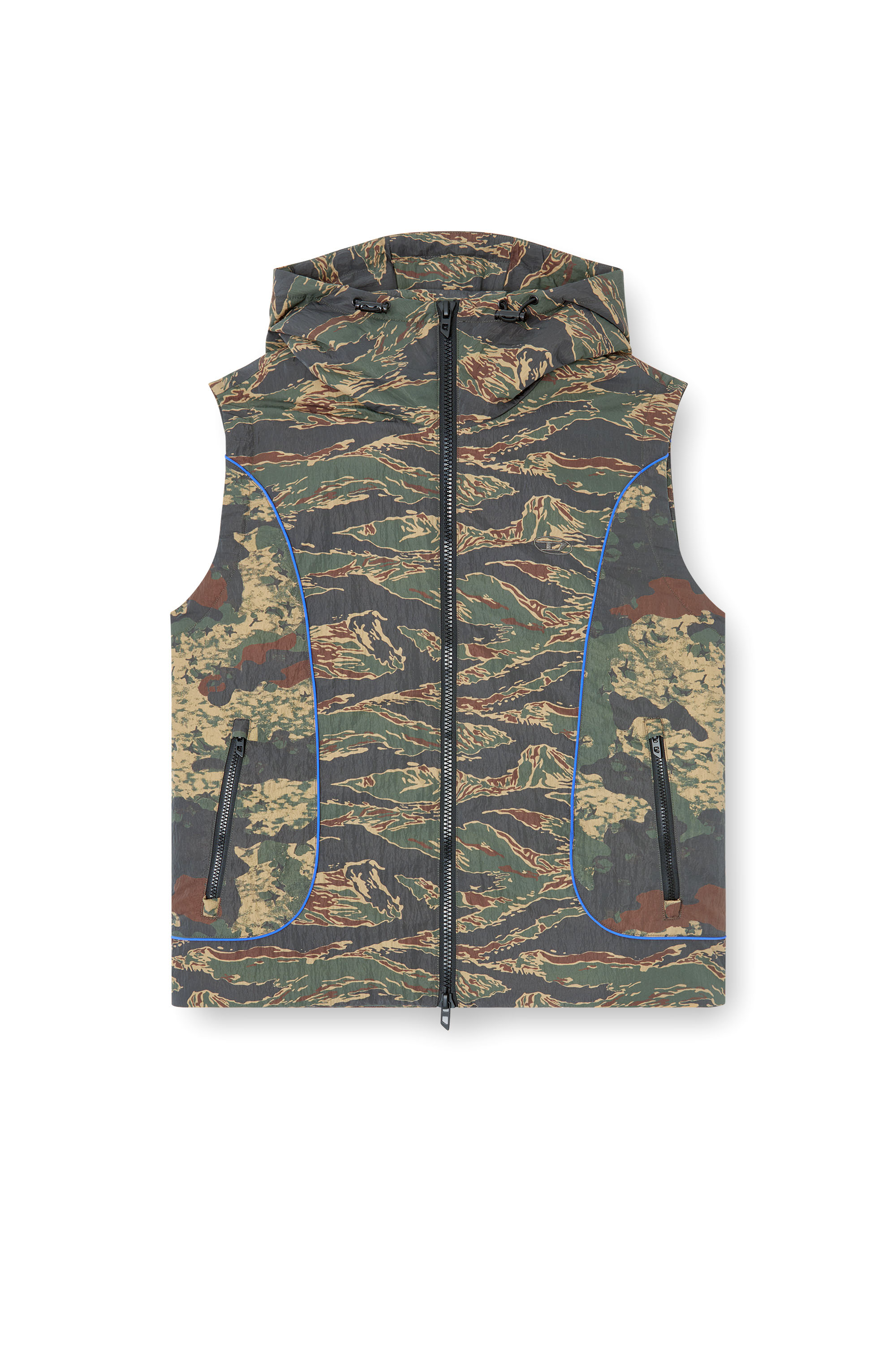 Diesel - J-OSTEND-SL-CAMU, Man's Hooded vest with mixed camo prints in Blue/Green - 2