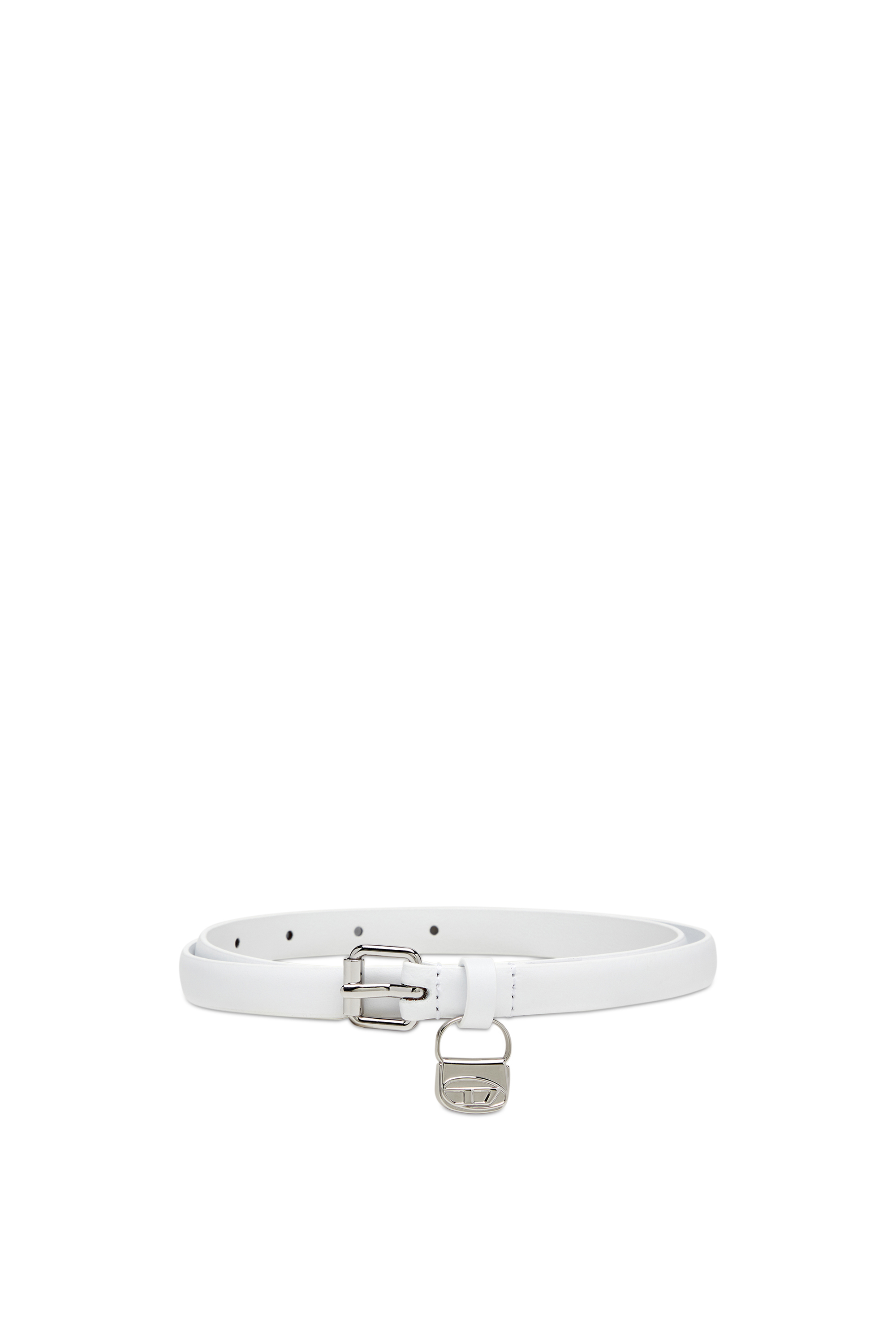 Diesel - B-CHARM HIP, Woman's Slim leather belt with 1DR bag charm in White - 1