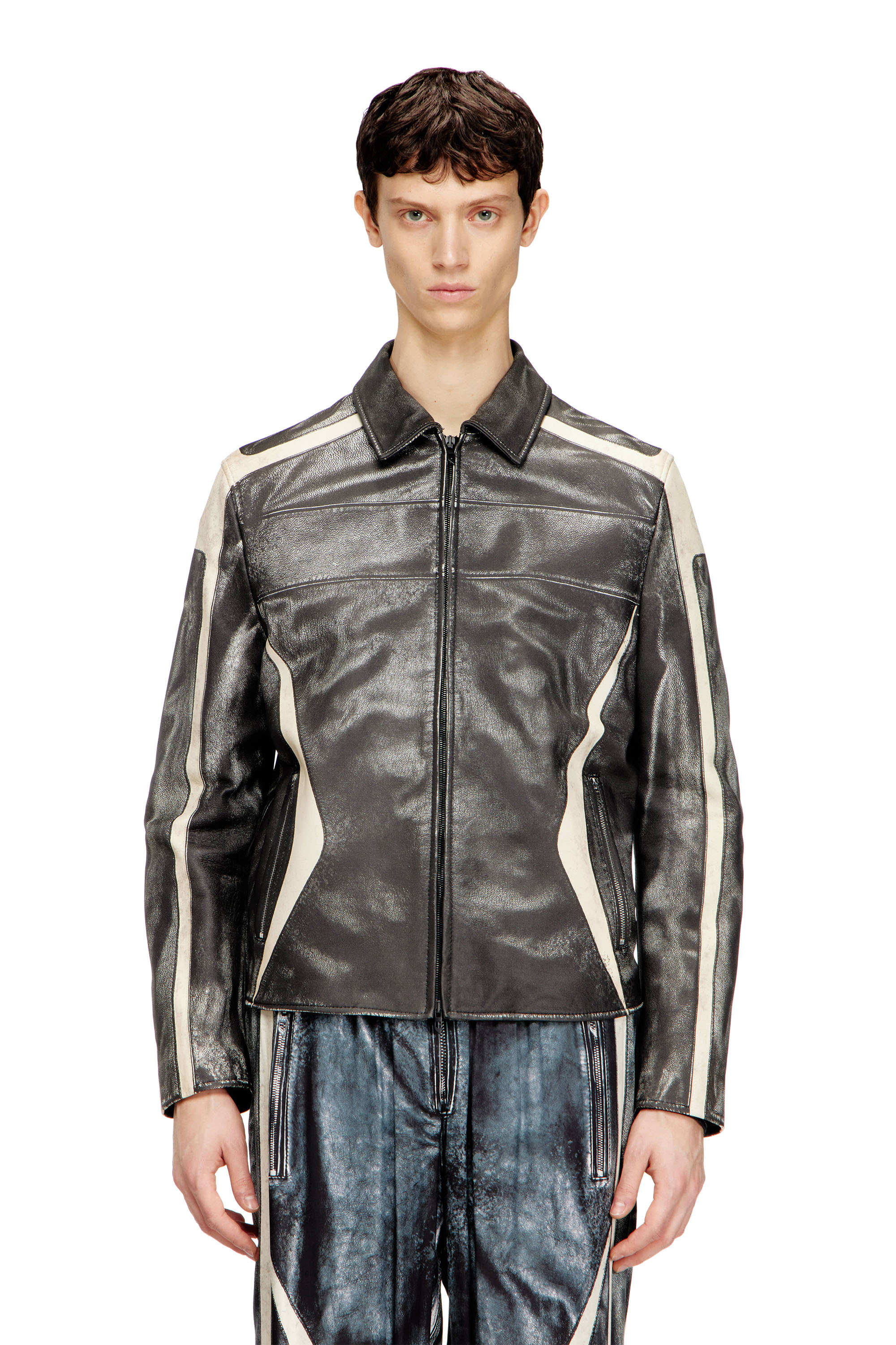 Diesel - L-AMAR-ENBI, Man's Leather coach jacket with biker print in Black/White - 1