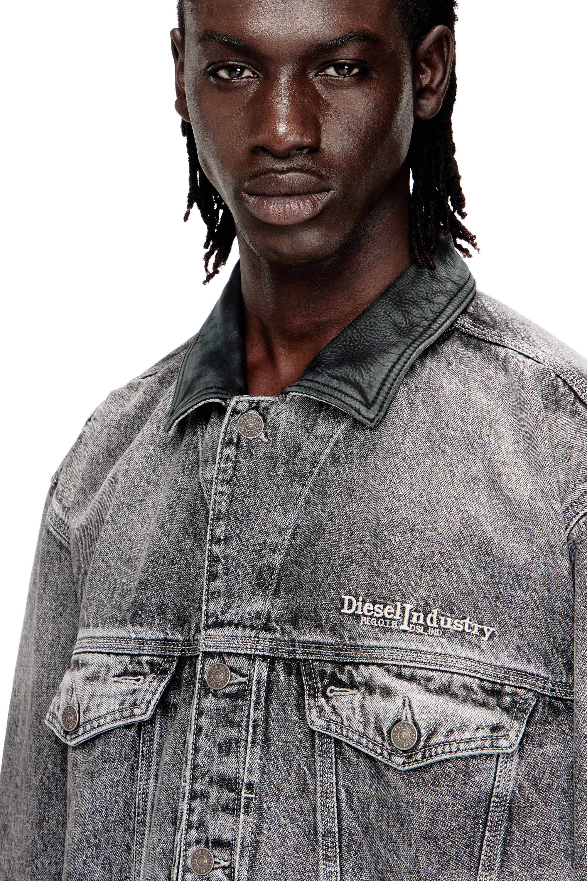 Diesel - D-DENVER-S, Unisex's Denim trucker jacket with tonal leather trims in null - 4