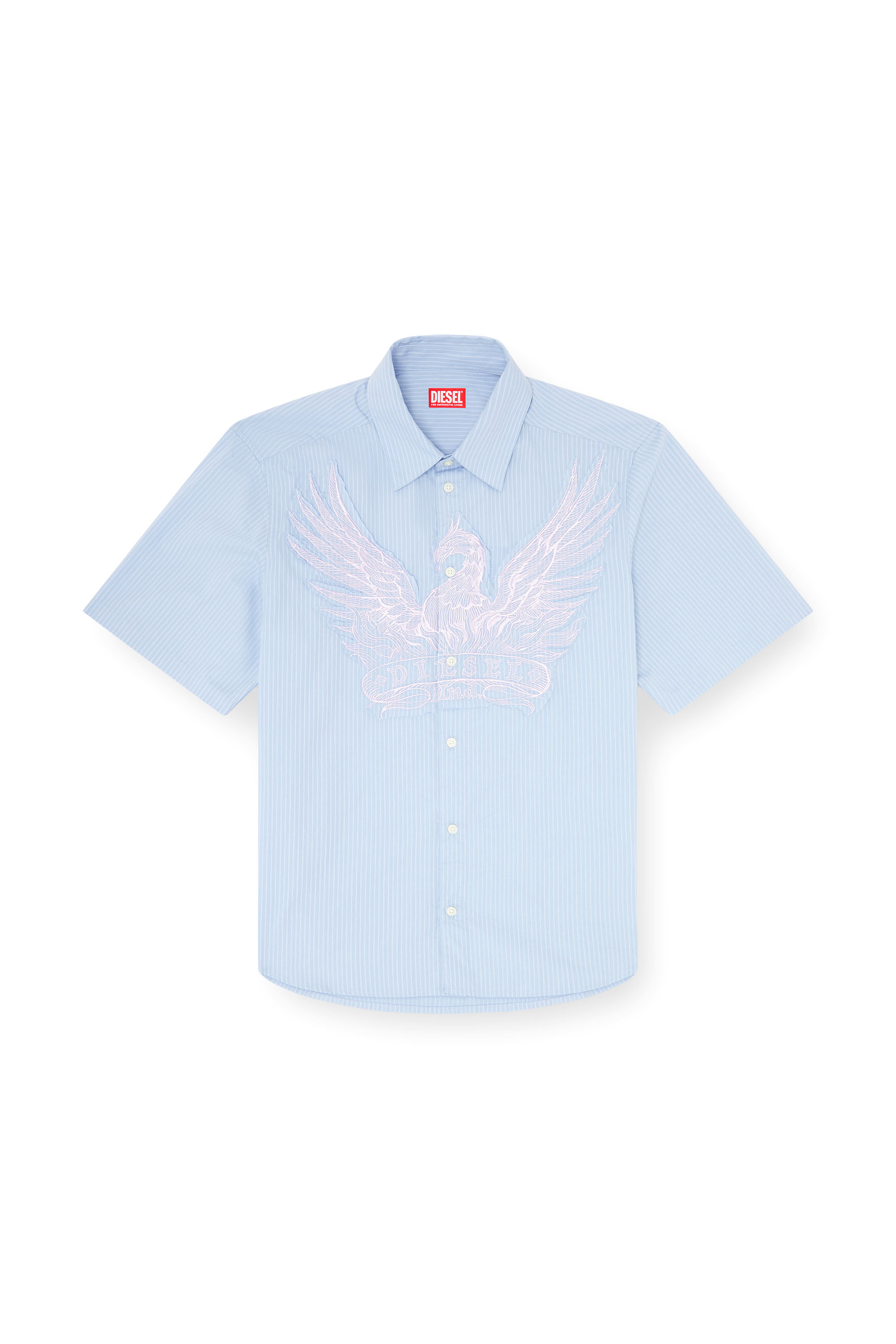 Diesel - S-SIMPLY-SS-AGCZ, Man's Striped poplin shirt with embroidered patch in Light Blue - 3