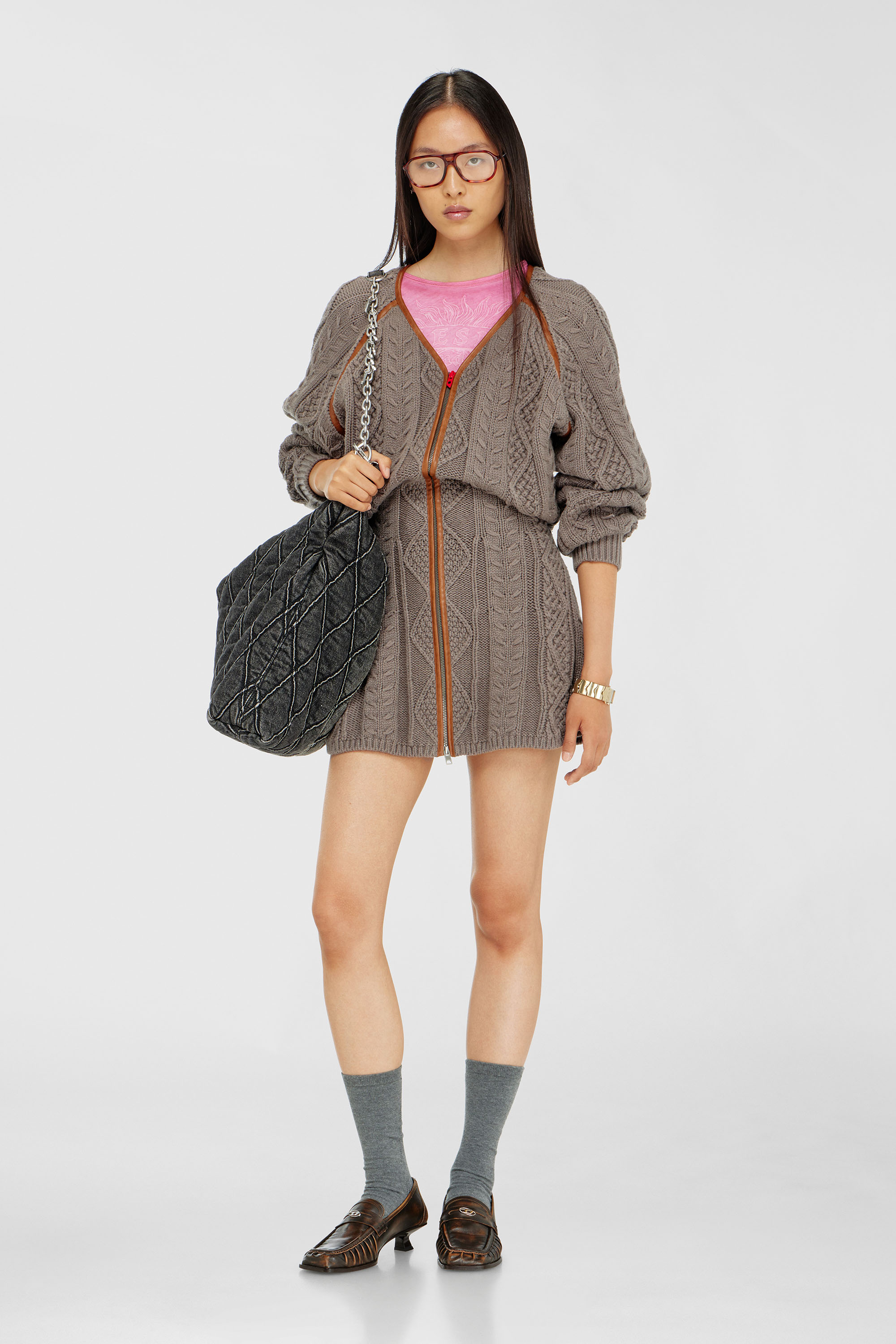 Diesel - M-INTESSE, Woman's Mini cardigan dress in cable knit in Grey - 1