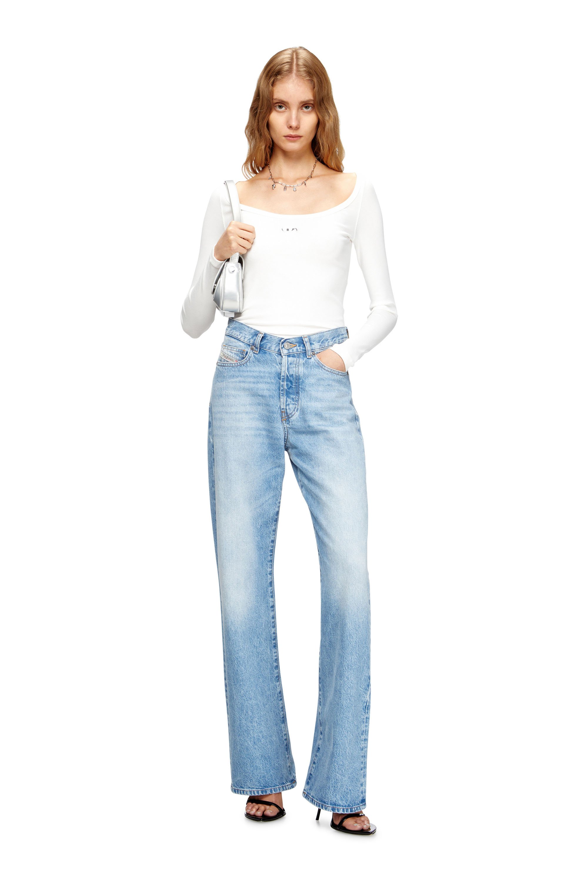 Diesel - T-BAL-OD, Woman's Long sleeve ribbed top with metallic Oval D in White - 2