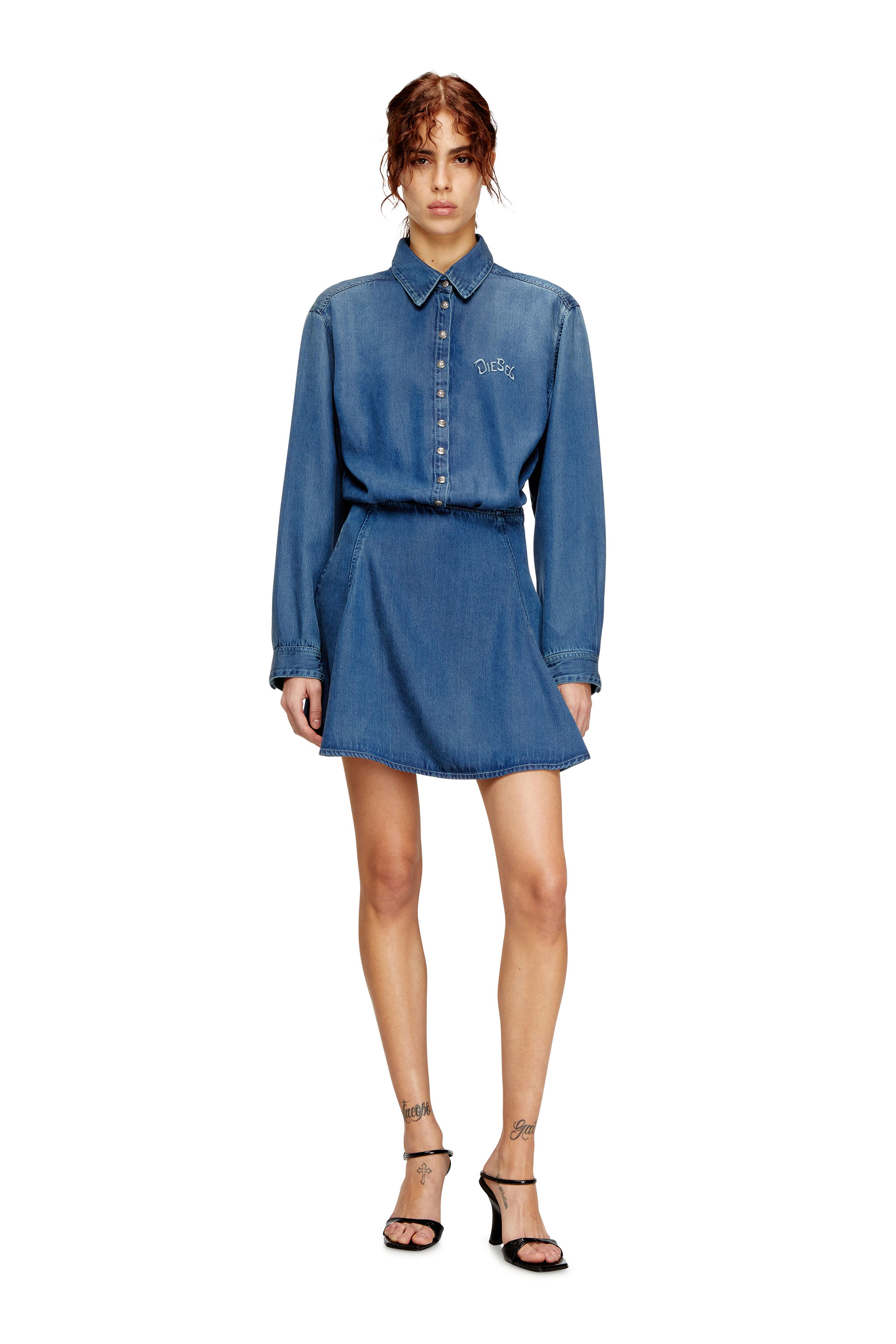 Diesel - DE-DREVIA-S, Woman's Denim dress with back embroidery in Medium blue - 1