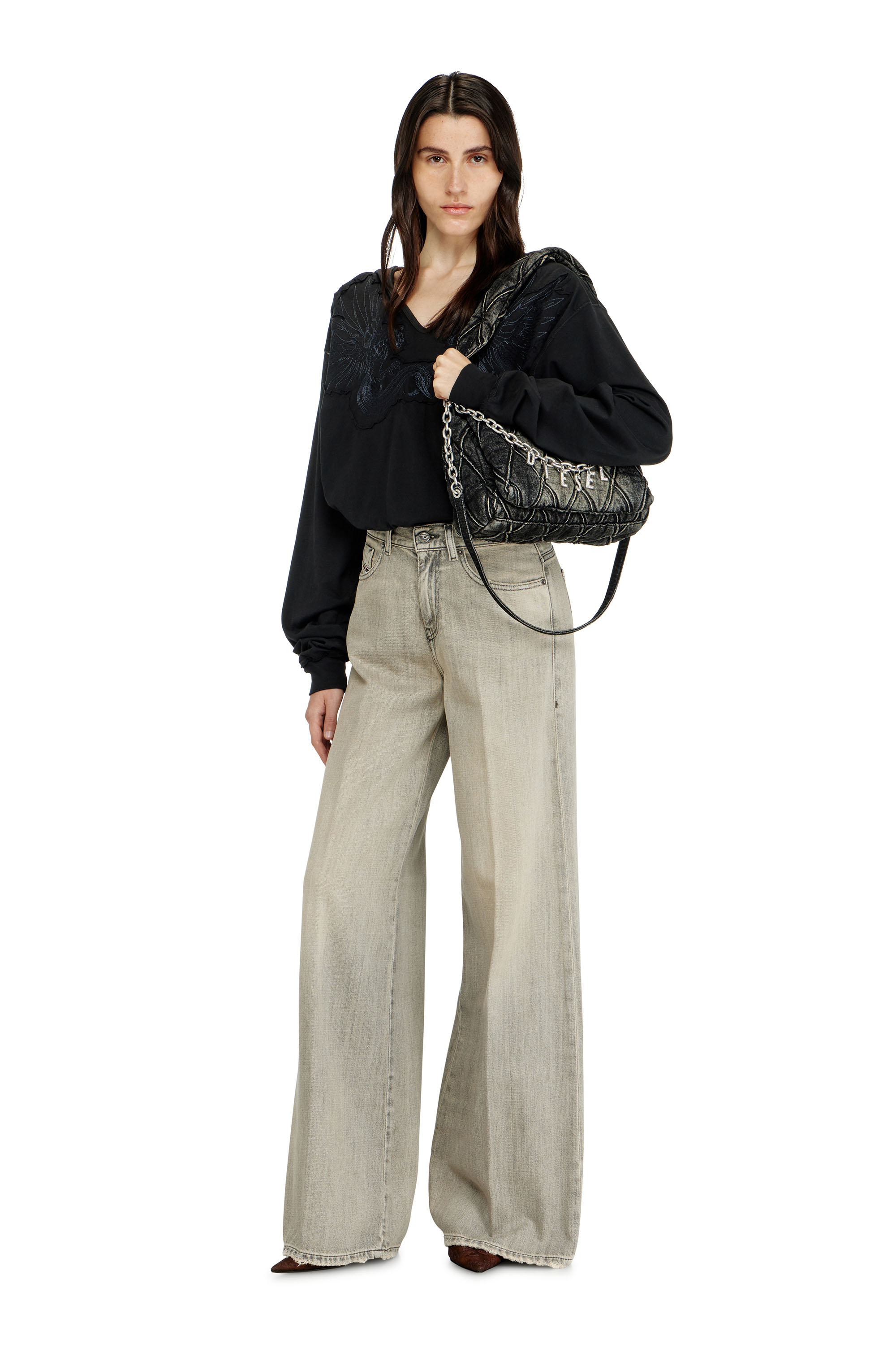 Diesel - CHARM-D SHOULDER S, Woman's Charm-D-Small shoulder bag in treated quilted denim in Black - 1