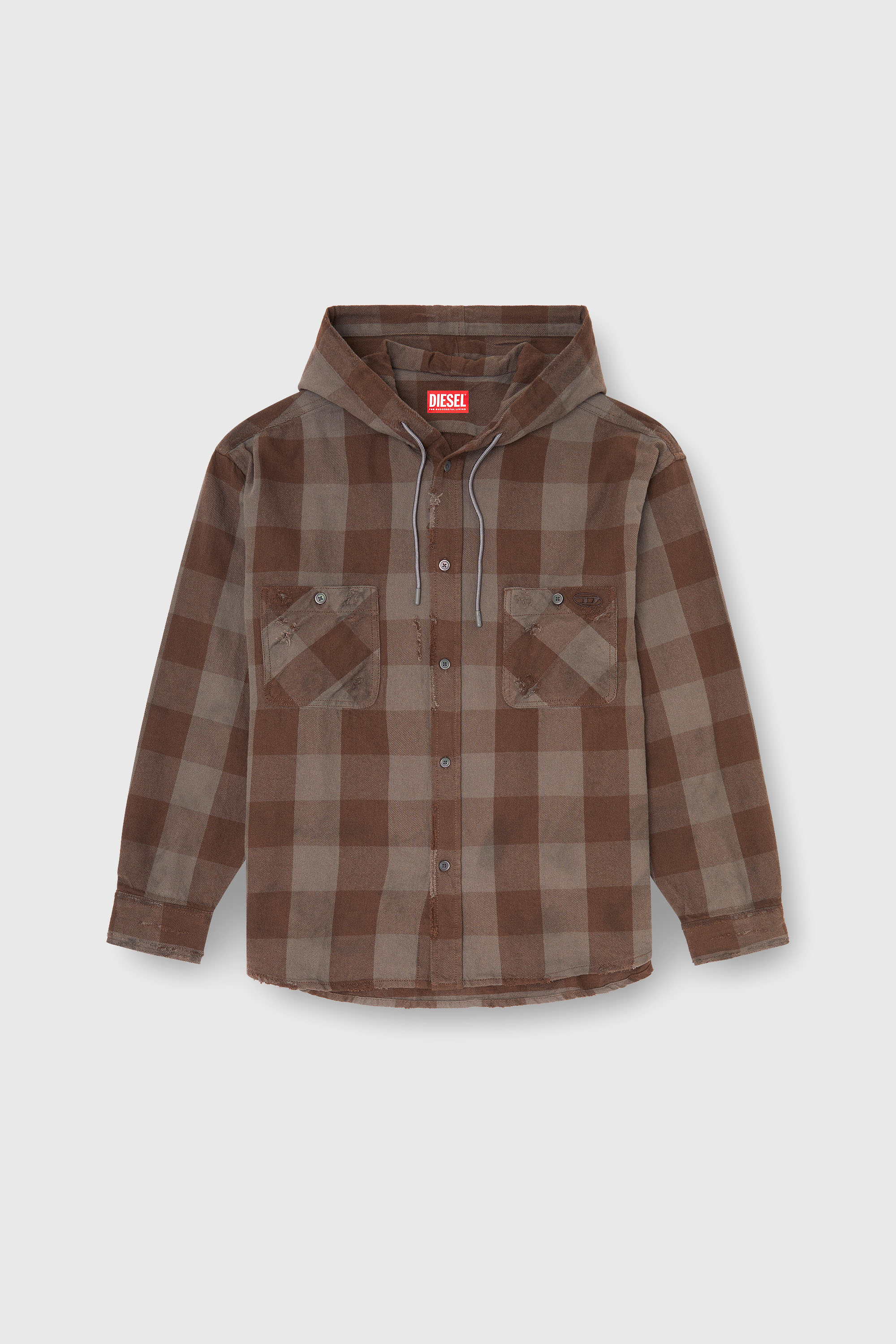 Diesel - S-DRUM-HOODY, Man's Distressed hooded shirt in check flannel in Brown - 2