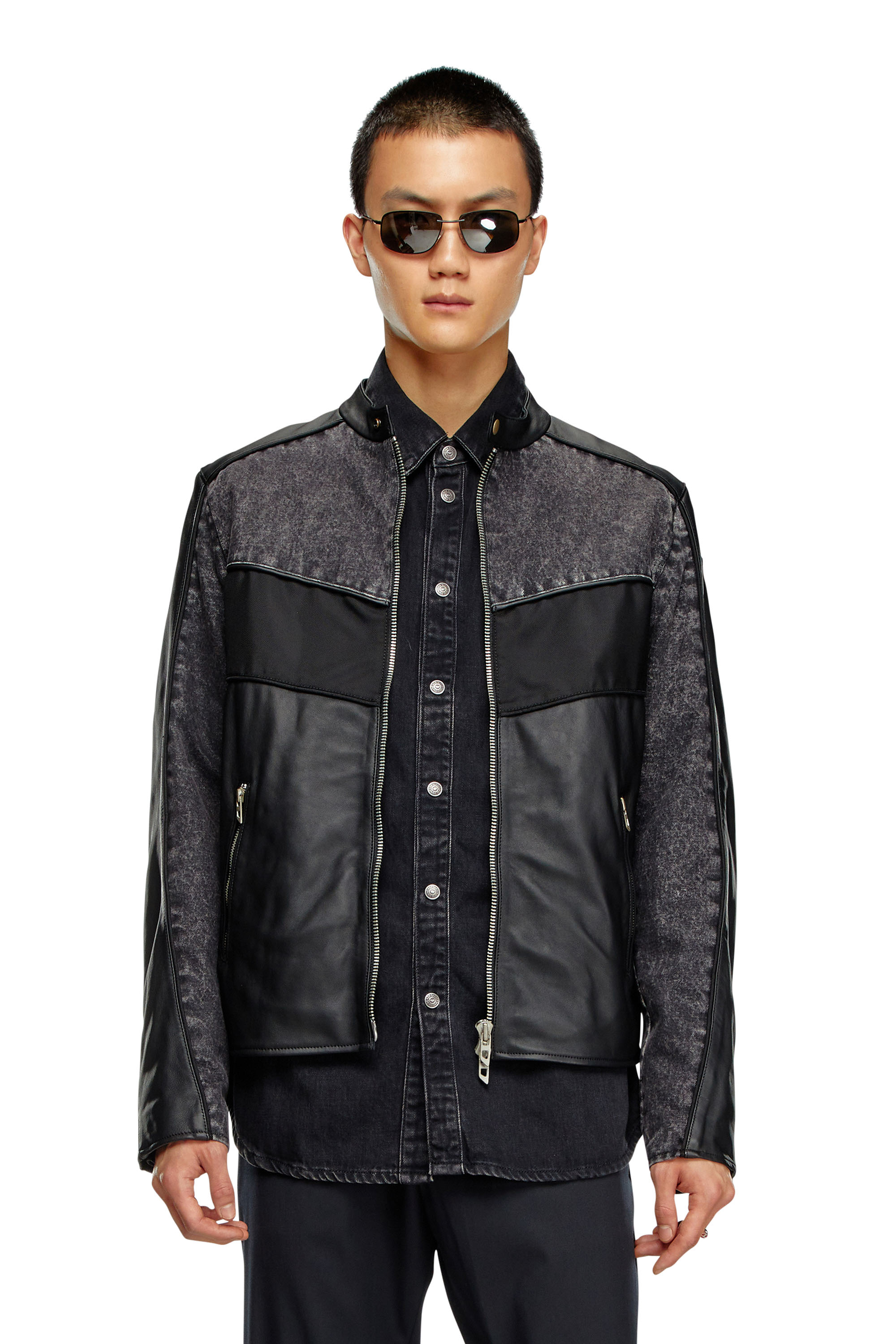 Diesel - L-LEOPOL, Man Denim and shell-panelled leather jacket in Black - Image 1