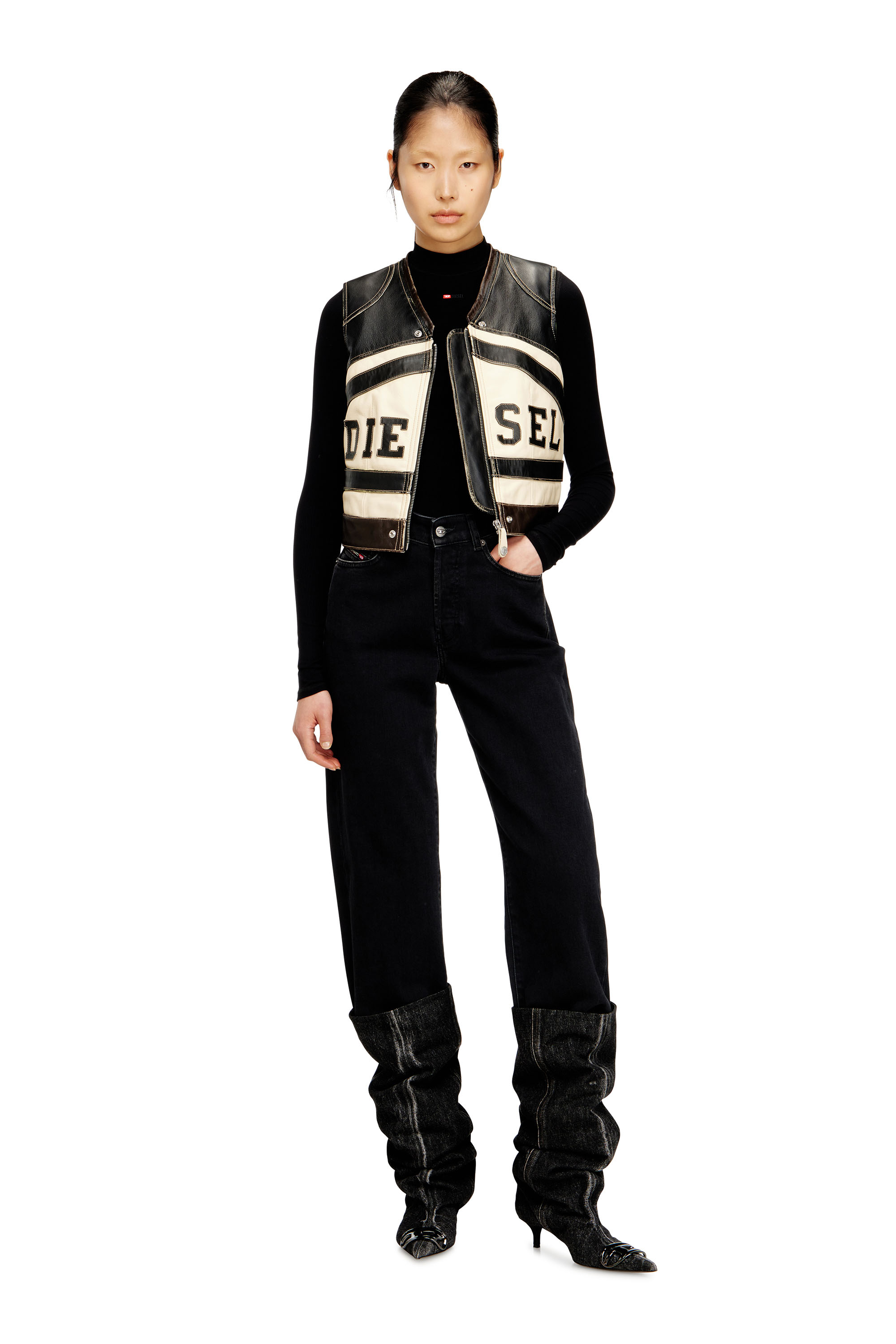 Diesel - L-FLYCOU-20TH, Woman's Leather vest with front logo and contrast stripes in Black/White - 1