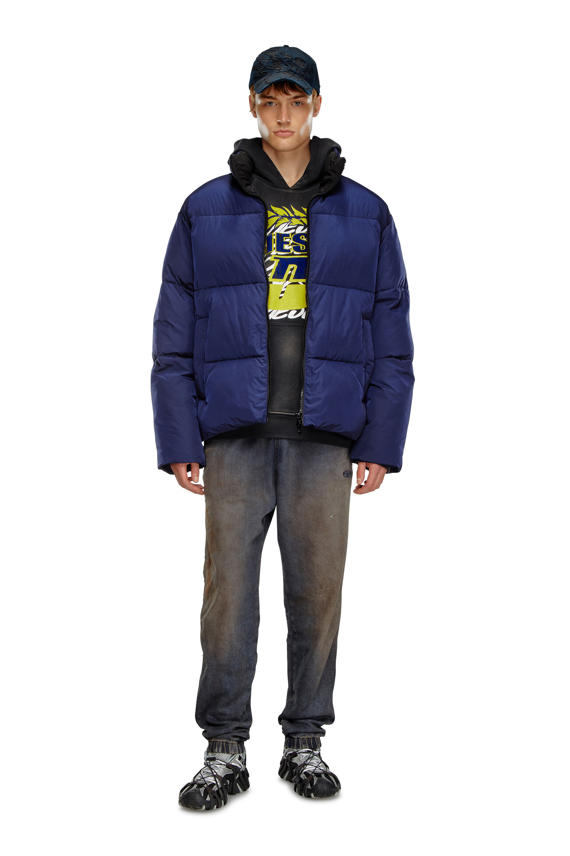 Diesel - W-RAVEEL, Man's Hooded down jacket in wrinkled nylon in Dark Blue - 2