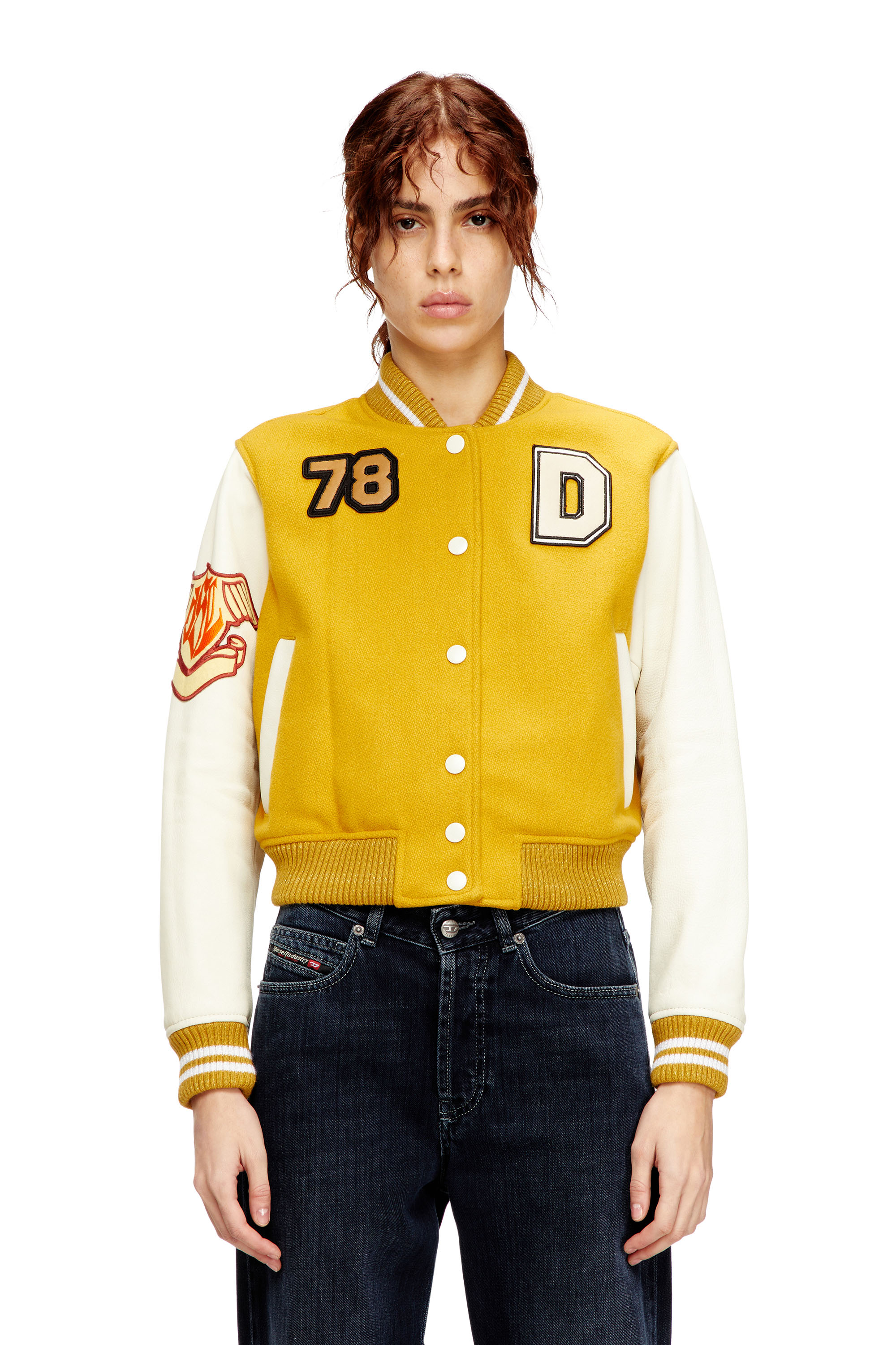 Diesel - L-REAL-CP, Woman's Cropped varsity jacket in wool and leather in Yellow - 1