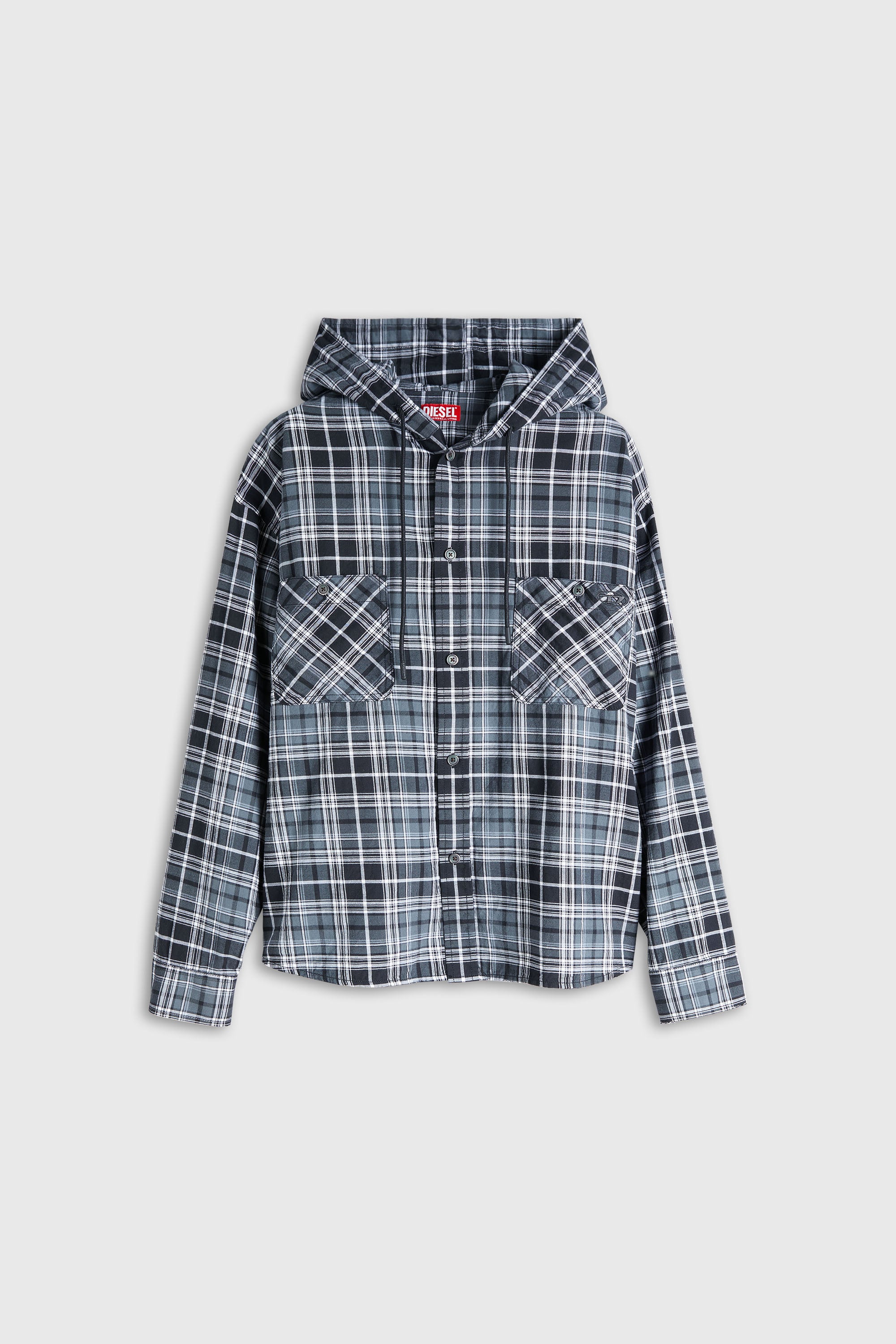 Diesel - S-DRUM-HOODY-DGBT, Man's Hooded shirt in check flannel in Black/White - 2